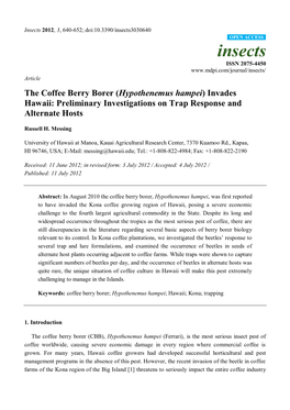 The Coffee Berry Borer (Hypothenemus Hampei) Invades Hawaii: Preliminary Investigations on Trap Response and Alternate Hosts