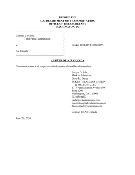 BEFORE the U.S. DEPARTMENT of TRANSPORTATION OFFICE of the SECRETARY WASHINGTON, DC ______) Charles Cervinka ) Third Party Complainant ) ) V