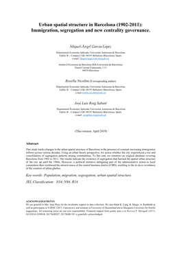 Urban Spatial Structure in Barcelona (1902-2011): Immigration, Segregation and New Centrality Governance