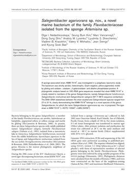 Salegentibacter Agarivorans Sp. Nov., a Novel Marine Bacterium of the Family Flavobacteriaceae Isolated from the Sponge Artemisina Sp