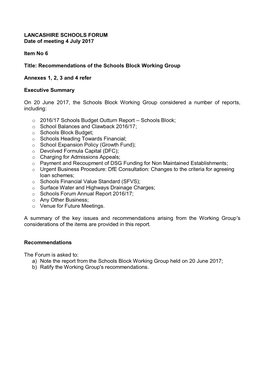 Recommendations of the Schools Block Working Group Annex
