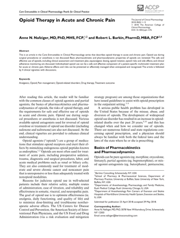 Opioid Therapy in Acute and Chronic Pain 2018, 00(0) 1–12 �C 2018, the American College of Clinical Pharmacology DOI: 10.1002/Jcph.1276