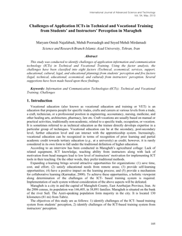 Challenges of Application Icts in Technical and Vocational Training from Students’ and Instructors’ Perception in Maragheh