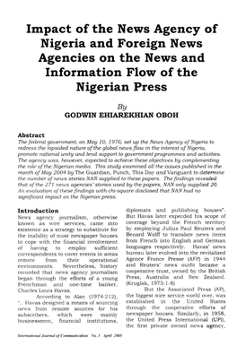 Impact of the News Agency of Nigeria and Foreign News Agencies on the News and Information Flow of the Nigerian Press