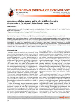 Acceptance of Alien Queens by the Ruby Ant Myrmica Rubra (Hymenoptera: Formicidae): Gene ﬂ Ow by Queen ﬂ Ow