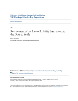 Restatement of the Law of Liability Insurance and the Duty to Settle Leo P