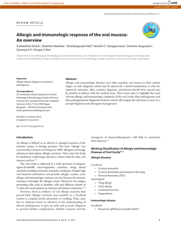 Allergic and Immunologic Response of the Oral Mucosa: an Overview Snehashish Ghosh1, Shwetha Nambiar1, Shankargouda Patil2, Vanishri C