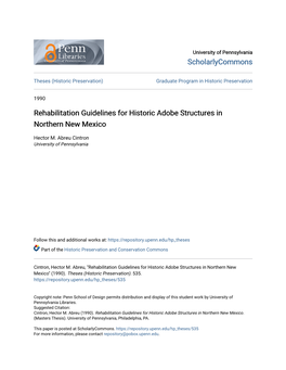 Rehabilitation Guidelines for Historic Adobe Structures in Northern New Mexico