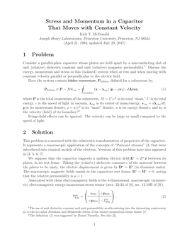 Stress and Momentum in a Capacitor That Moves with Constant Velocity