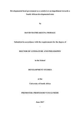 Developmental Local Government As a Catalyst Or an Impediment Towards a South African Developmental State