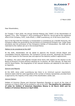 17 March 2020 Dear Shareholders, on Tuesday 7 April