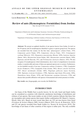 Review of Ants (Hymenoptera: Formicidae) from Jordan