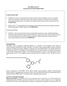 DAYPRO ALTA™ (Oxaprozin Potassium) 600Mg Tablets Cardiovascular Risk • Nsaids May Cause an Increased Risk of Serious Cardiov