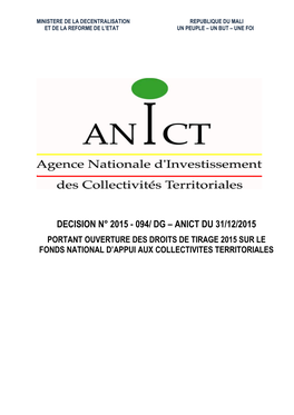 Decision N° 2015 - 094/ Dg – Anict Du 31/12/2015