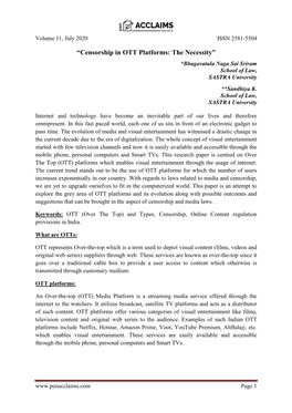 “Censorship in OTT Platforms: the Necessity”; *Bhagavatula Naga Sai Sriram, School of Law, SASTRA University