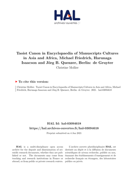 Taoist Canon in Encyclopaedia of Manuscripts Cultures in Asia and Africa, Michael Friedrich, Harunaga Isaacson and Jörg B