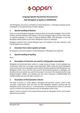 Language Specific Peculiarities Document for Halh Mongolian As Spoken in MONGOLIA