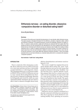 Orthorexia Nervosa – an Eating Disorder, Obsessive- -Compulsive Disorder Or Disturbed Eating Habit?