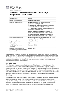 Materials Chemistry) Programme Specification