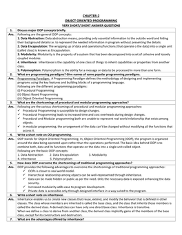 Chapter-2 Object Oriented Programming Very Short/ Short Answer Questions 1