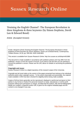 Draining the English Channel': the European Revolution in Three Kingdoms & Three Keynotes (By Simon Stephens, David Lan & Edward Bond)