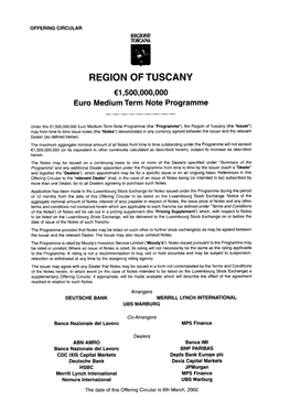 REGION of TUSCANY €1,500,000,000 Euro Medium Term Note Programme