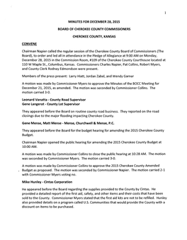 CONVENE MINUTES for DECEMBER 28, 2015 BOARD of CHEROKEE COUNTY COMMISSIONERS CHEROKEE COUNTY, KANSAS Chairman Napier Called