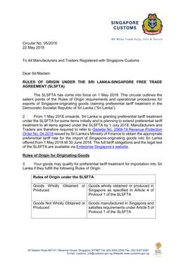 CIRCULARS 05/2018 Rules of Origin Under the Sri Lanka-Singapore