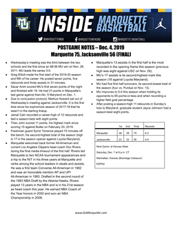 POSTGAME NOTES – Dec. 4, 2019 Marquette 75, Jacksonville 56 (FINAL)