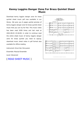 Kenny Loggins Danger Zone for Brass Quintet Sheet Music