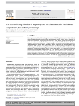 Mad Cow Militancy: Neoliberal Hegemony and Social Resistance in South Korea