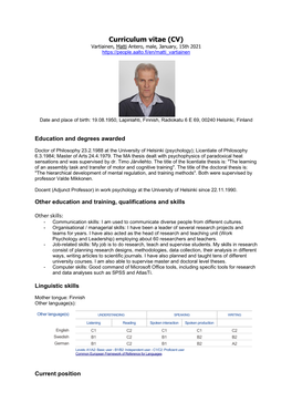 Curriculum Vitae (CV) Vartiainen, Matti Antero, Male, January, 15Th 2021