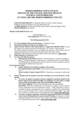 Boroughbridge Town Council Minutes of the Council Meeting Held on Tuesday 4 September 2018 at 1 Hall Square, Boroughbridge Yo51 9An