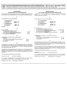 NR. 49 Vom 2. Dezember 2020 Herausgeber Und Verantwortlich Für Den Inhalt Der Amtlichen Bekanntmachungen Des Amtes Bordesholm: Die Amtsdirektorin Des Amtes Bordesholm
