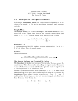 1.2 Examples of Descriptive Statistics in Statistics, a Summary Statistic Is a Single Numerical Measure of an At- Tribute of a Sample