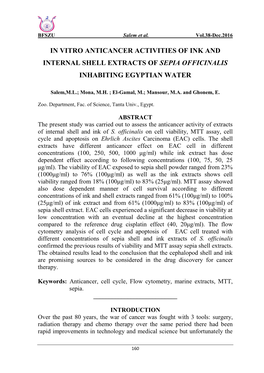 In Vitro Anticancer Activities of Ink and Internal Shell Extracts of Sepia Officinalis Inhabiting Egyptian Water