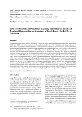 Salmonid Habitat and Population Capacity Estimates for Steelhead Trout and Chinook Salmon Upstream of Scott Dam in the Eel River, California