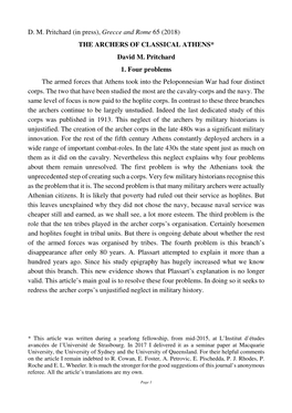 THE ARCHERS of CLASSICAL ATHENS* David M. Pritchard 1. Four Problems