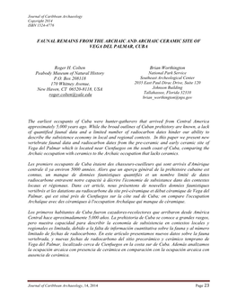 FAUNAL REMAINS from the ARCHAIC and ARCHAIC CERAMIC SITE of VEGA DEL PALMAR, CUBA Roger H. Colten Peabody Museum of Natural