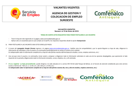 Vacantes Vigentes Agencia De Gestion Y Colocacion De Empleo Suroeste