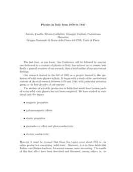 Physics in Italy from 1870 to 1940 Antonio Casella, Silvana Galdabini