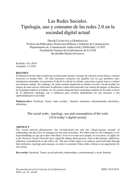 Las Redes Sociales. Tipología, Uso Y Consumo De Las Redes 2.0 En La Sociedad Digital Actual