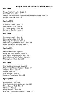 King's Film Society Past Films 1992 –