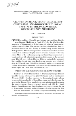 Growth of Brook Trout (Salvelinus Fontinalis) and Brown Trout (Salmo Trutta) in the Pigeon River, Otsego County, Michigan*