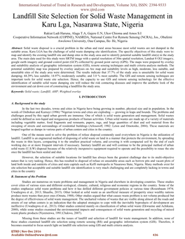 Landfill Site Selection for Solid Waste Management in Karu Lga, Nasarawa State, Nigeria
