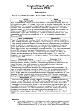 Analysis of Inspection Reports Denbighshire SACRE Autumn 2020