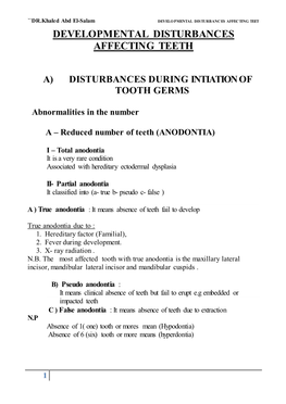 Developmental Disturbances Affecting Teeth