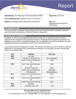 2021-019 Council Meeting Date: Regular Council - 03 Feb 2021 Subject: Zorra/Ingersoll Fire Agreement Amendment File: L04 Agreements/Zorra/Ingersoll Fire Service