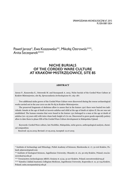 Niche Burials of the Corded Ware Culture at Kraków-Mistrzejowice, Site 85