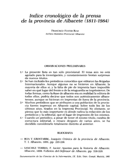 Indice Cronológico De La Prensa De La Provincia De Albacete (1811-1984)